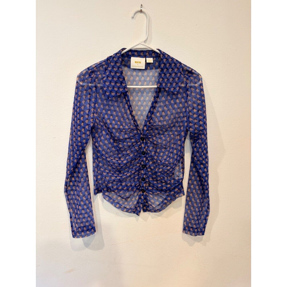 Maeve Anthropologie Ruched Mesh Top Blue Geometric Sheer Button Front Medium (M)